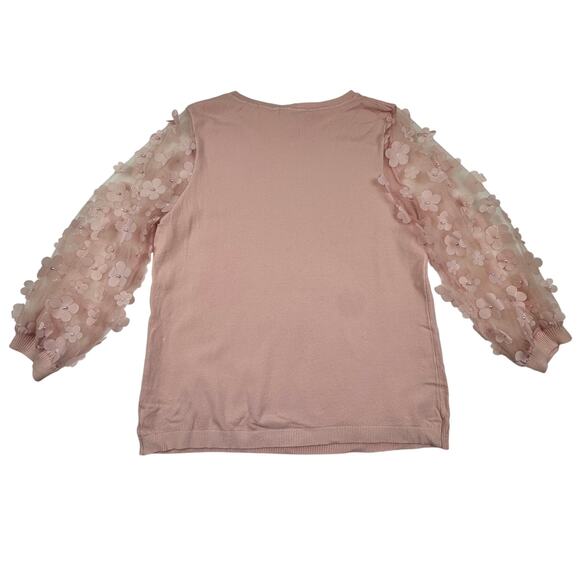 Sioni Blush Pink Lightweight Mesh Sleeve Flower Applique Sweater Women's Size L - Picture 3 of 6